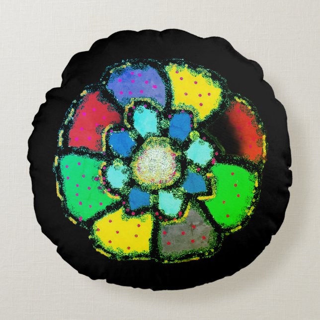 ABSTRACT PETAL FLOWER DESIGN BLACK BACKGROUND ROUND CUSHION (Front)