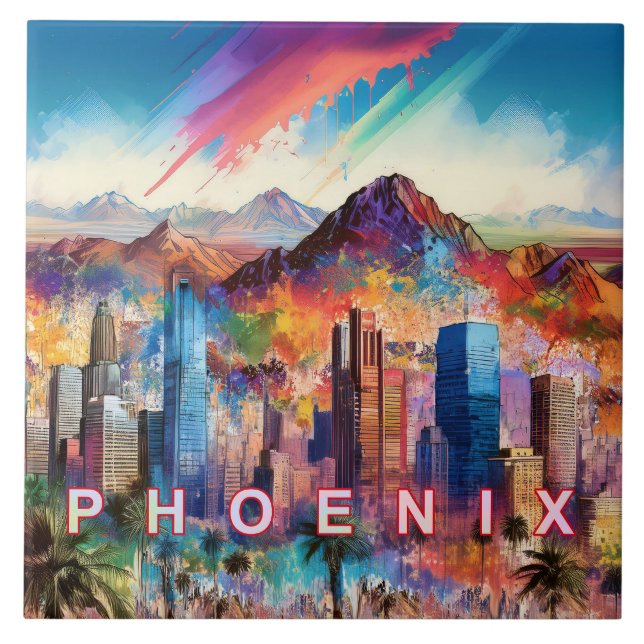 Abstract Phoenix Skyline Art Modern City Ceramic Tile (Front)