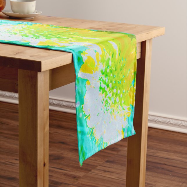Abstract Pincushion Flower in Yellow and Green Long Table Runner (In Situ)