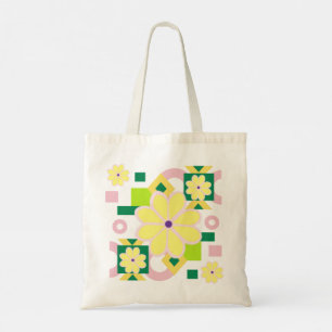 Abstract Pink and Green Pattern with Yellow Flower Tote Bag
