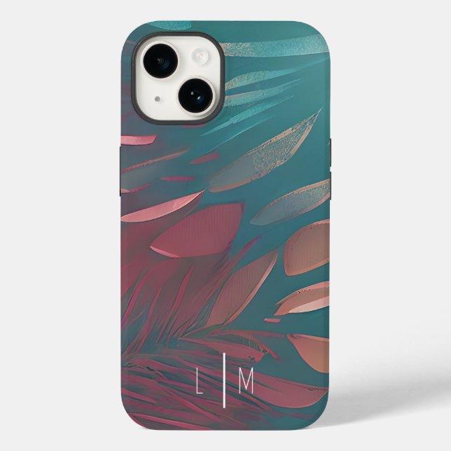 Abstract pink and teal feathers  monogram Case-Mate iPhone case (Back)