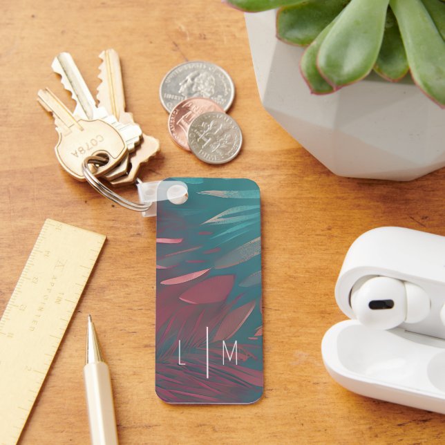 Abstract pink and teal feathers  monogram  key ring (Desk)