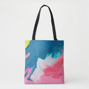 Abstract pink and turquoise paint background with  tote bag