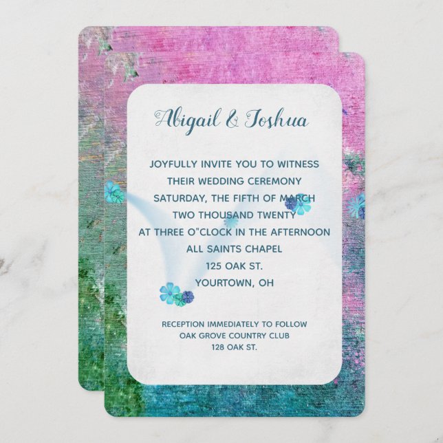 abstract pink and turquoise paint texture wedding invitation (Front/Back)