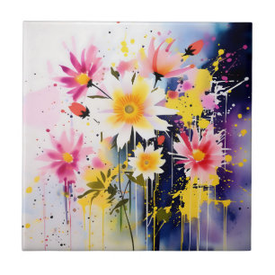 Abstract Pink and Yellow Floral Plant Ceramic Tile