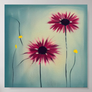 Abstract pink and yellow flowers minimalist art poster