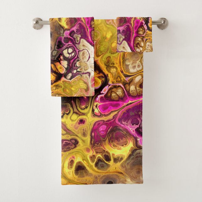 Abstract pink and yellow marble tie dye pattern bath towel set (Insitu)
