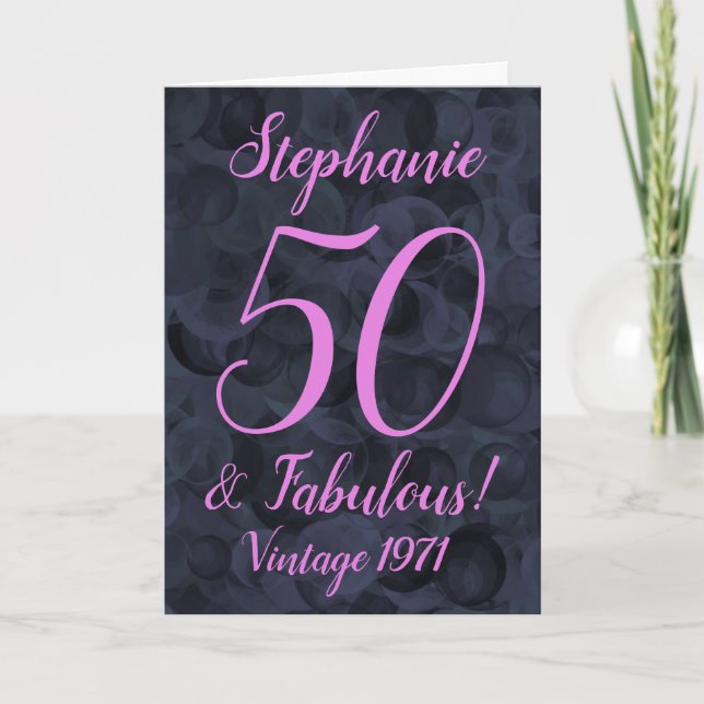 Abstract Pink Black 50 and Fabulous Birthday Card (Front)