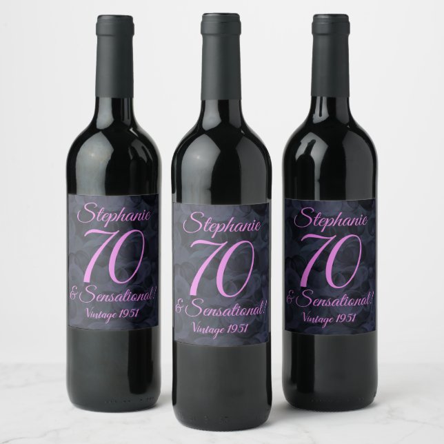 Abstract Pink Black 70 and Sensational Birthday Wine Label (Bottles)