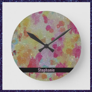 Abstract Pink Black and Yellow  Round Clock