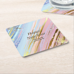 Abstract Pink Blue Gold Happy New Year 20xx  Square Paper Coaster