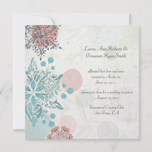 Abstract Pink Blue Grey Floral Post Wedding Invitation (Front)