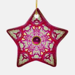 ABSTRACT PINK BLUE STAR WITH FUCHSIA GEM STONE CERAMIC ORNAMENT