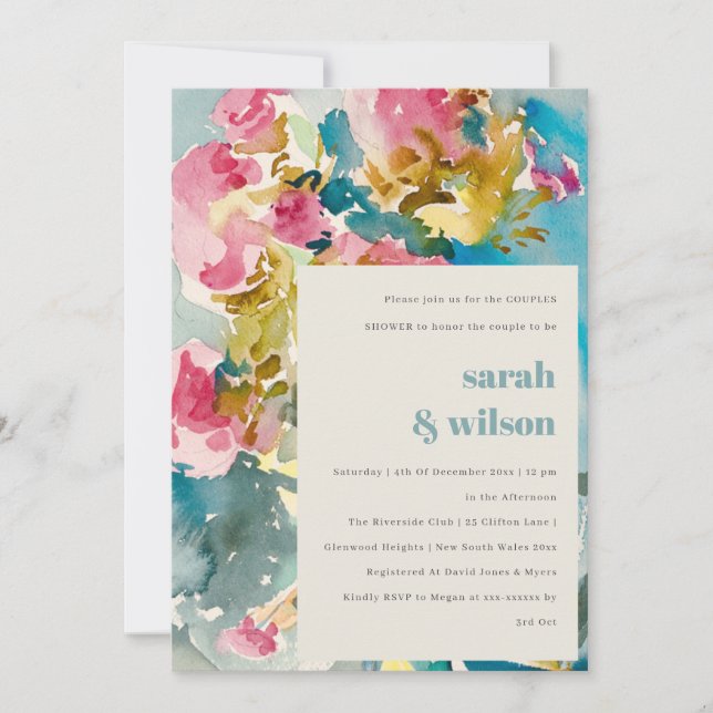 Abstract Pink Blue Watercolor Flora Couples Shower Invitation (Front)