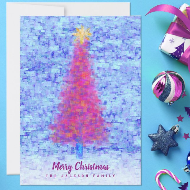 Abstract Pink Christmas Tree with Blue Brick Wall Card (Creator Uploaded)