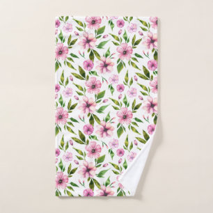 Abstract Pink Flowers Green Leaves Bath Towel Set