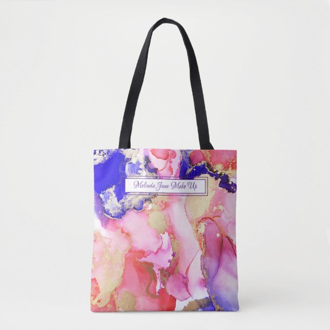 Abstract Pink Gold Alcohol Ink Art Custom Name Tote Bag (Front)