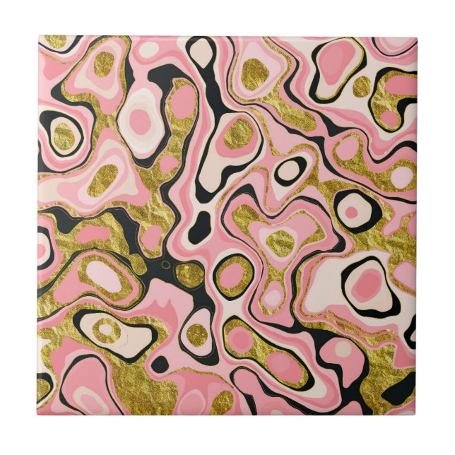Abstract Pink Gold Glitter Marble Effect Ceramic Tile (Front)