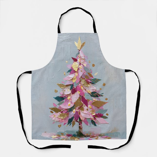 Abstract Pink & Gold Impasto Christmas Tree Apron (Front)