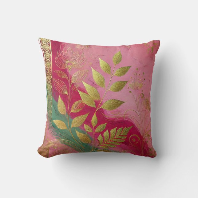 Abstract Pink-Golden Leaf Artwork Style 27 Cushion (Front)