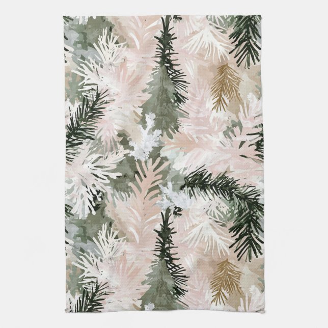 Abstract Pink Green Christmas trees Tea Towel (Vertical)