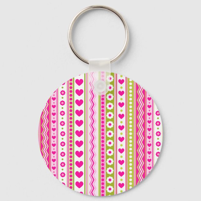 Abstract Pink green pattern + dots flowers hearts Key Ring (Front)