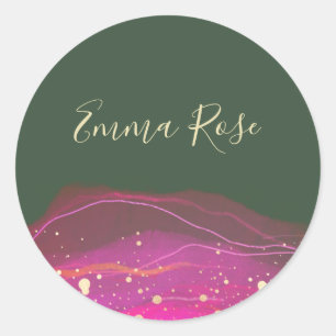 Abstract Pink Green Watercolor Gold Splatter Classic Round Sticker