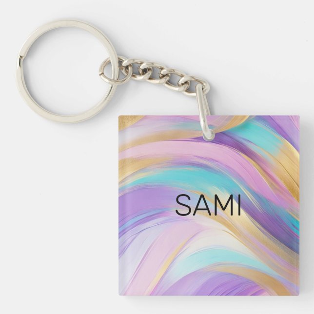 Abstract Pink Lilac Turquoise Gold Key Ring (Front)