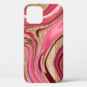 Abstract pink liquid marble with glitter gold iPhone 12 case