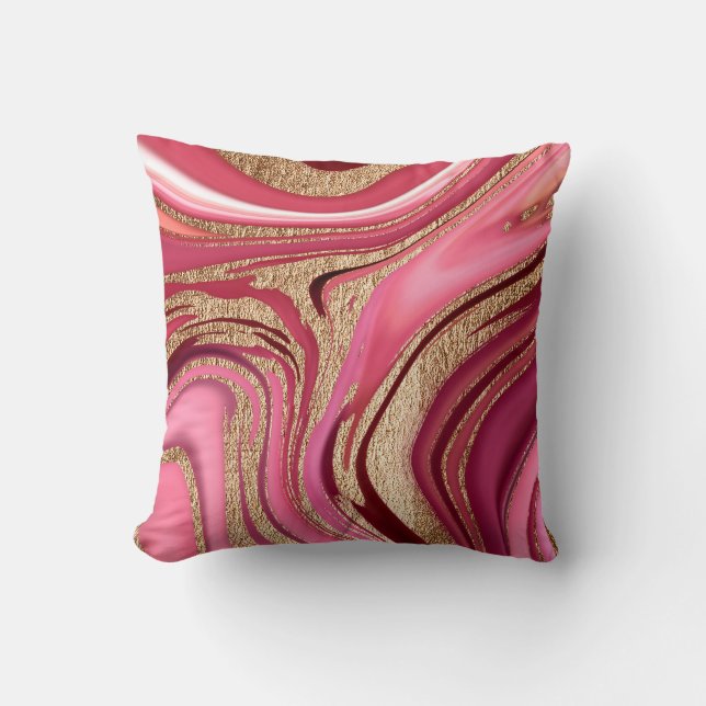 Abstract pink liquid marble with glitter gold cushion (Front)