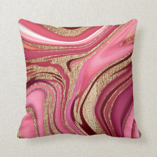 Abstract pink liquid marble with glitter gold cushion