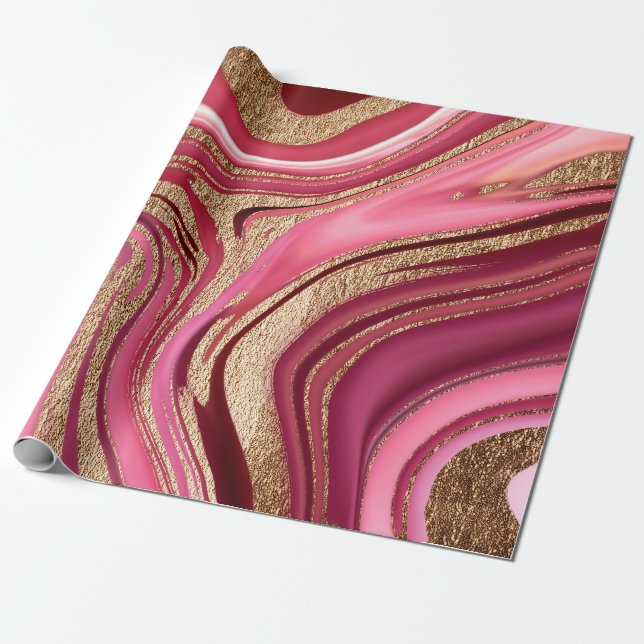Abstract pink liquid marble with glitter gold wrapping paper (Unrolled)