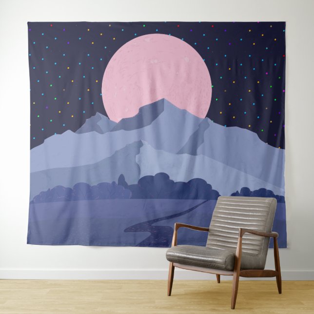 Abstract pink moonlight night landscape tapestry (In Situ (Horizontal))