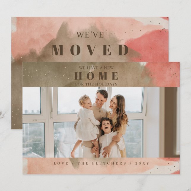 Abstract Pink New Home for Holidays Photo Moving Holiday Card (Front/Back)