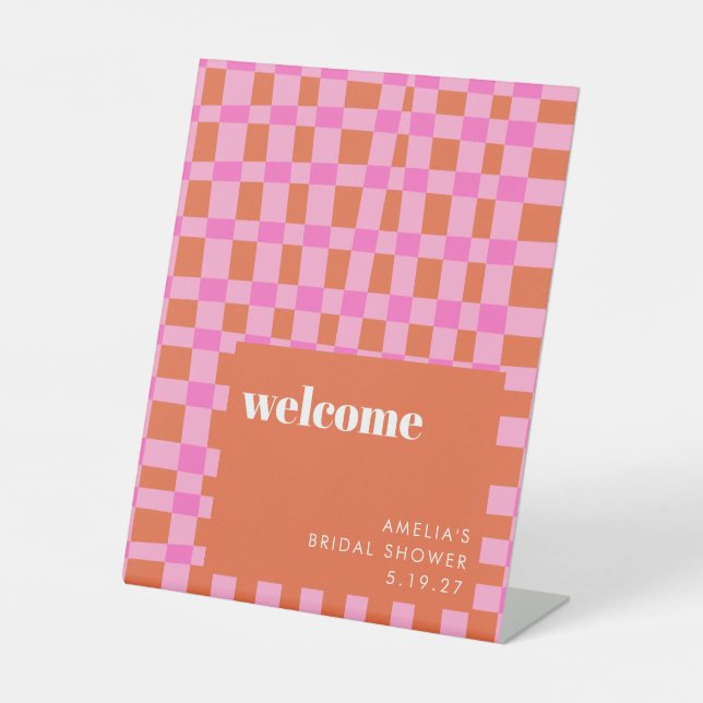 Abstract Pink Orange Custom Bridal Shower Welcome Pedestal Sign (Front)