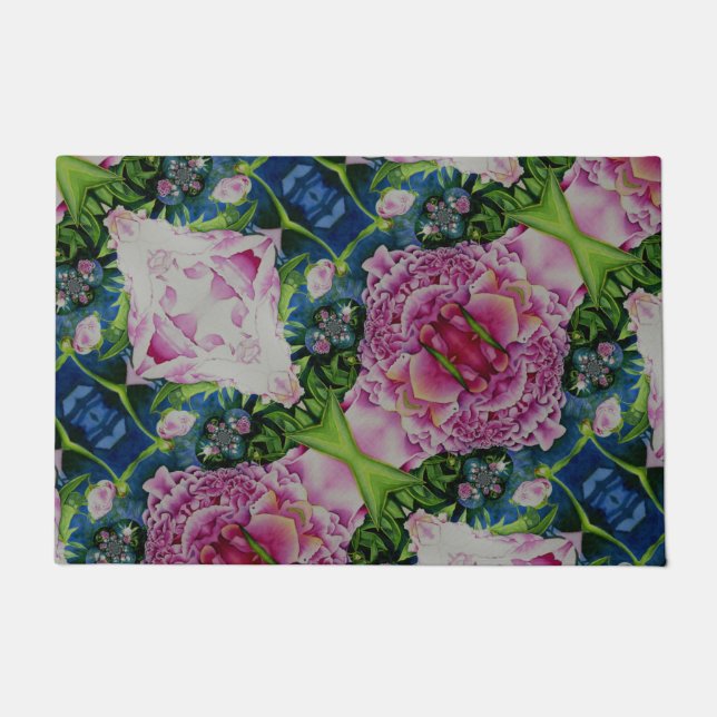 Abstract pink peony floral watercolor painting doormat (Front)