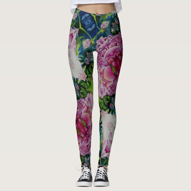 Abstract pink peony floral watercolor painting leggings (Front)