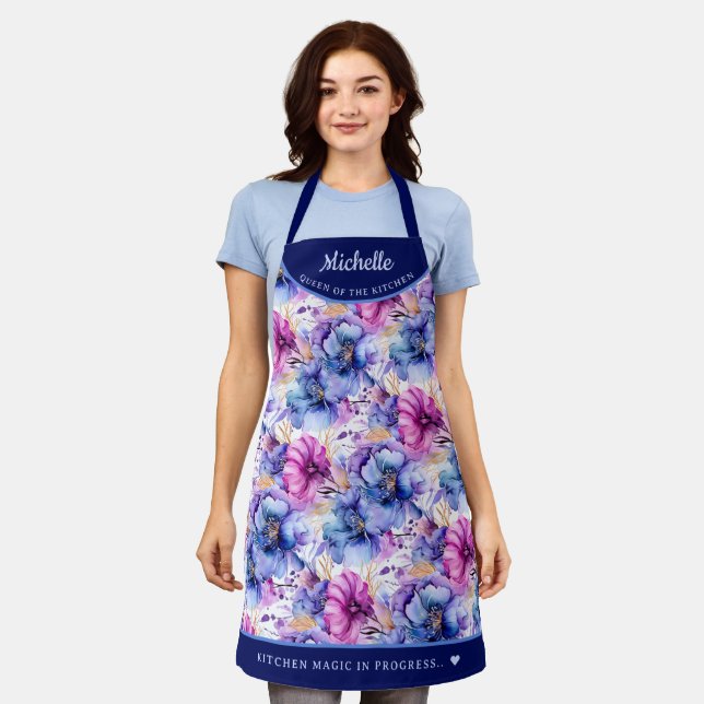 Abstract Pink Purple floral pretty personalised Apron (Worn)