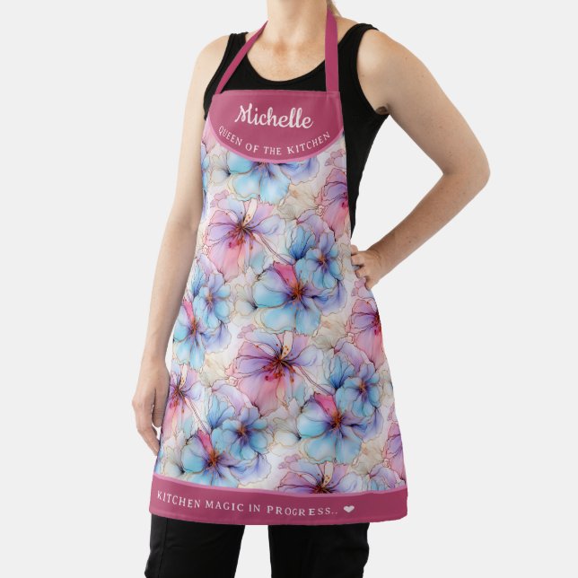 Abstract Pink Purple floral pretty personalised Apron (Insitu)