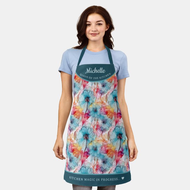 Abstract Pink Purple floral pretty personalised Apron (Worn)
