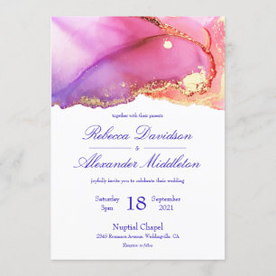 Abstract Pink Purple Gold Ink Wash Wedding Invitation