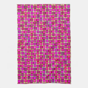 Abstract Pink Squares Pattern Tea Towel