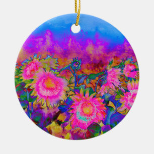 Abstract pink sunflower fields retro impressionist ceramic ornament
