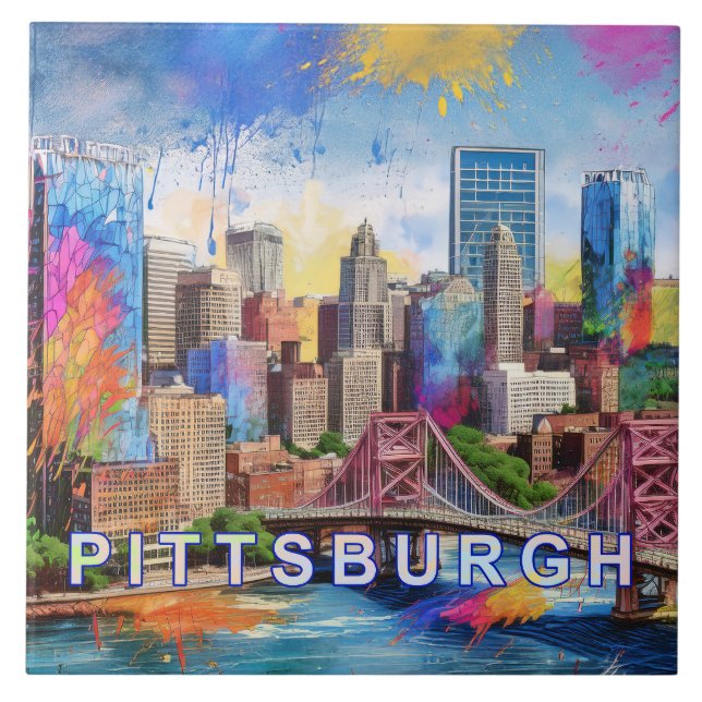 Abstract Pittsburgh Skyline Art Modern Cityscape  Ceramic Tile (Front)