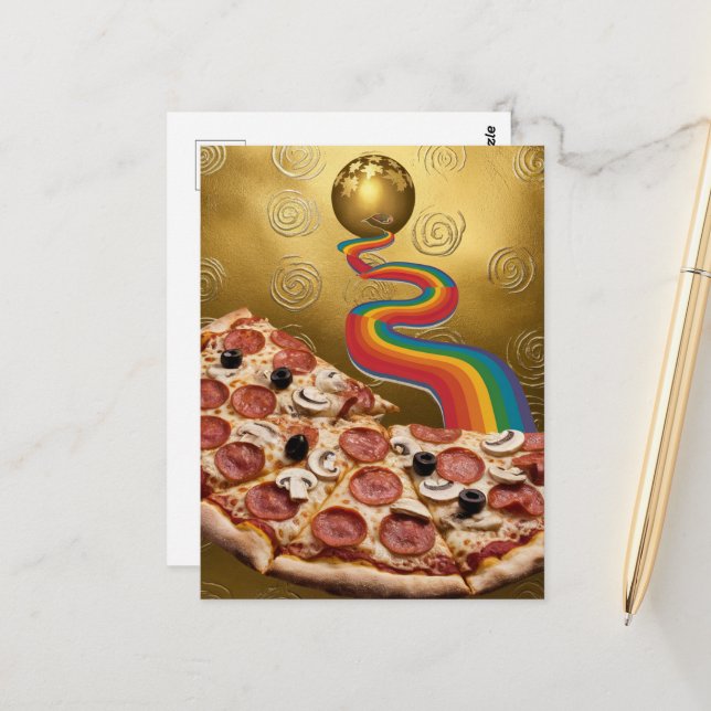 Abstract Pizza Rainbow Gold Spirals Sci-fi Postcard (Front/Back In Situ)