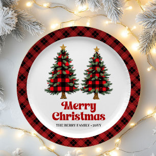 Abstract Plaid Tree Family Name Christmas Paper  Plate