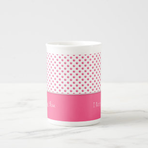 Abstract polka dots pink texture.Text. Bone China Mug