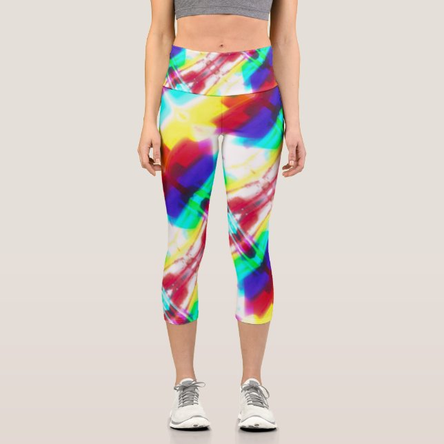 Abstract Popart Primary Rainbow High Waist Capris (Front)