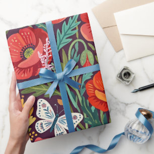 Abstract Poppies Butterflies Wrapping Paper