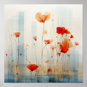 Abstract Poppy Flowers in Modern Geometric Style 1 Poster